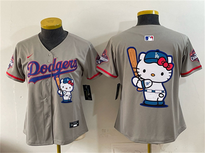 Youth Los Angeles Dodgers Team Big Logo Grey Hello Kitty Night 2025 World Series Champions Patch Stitched Baseball Jersey